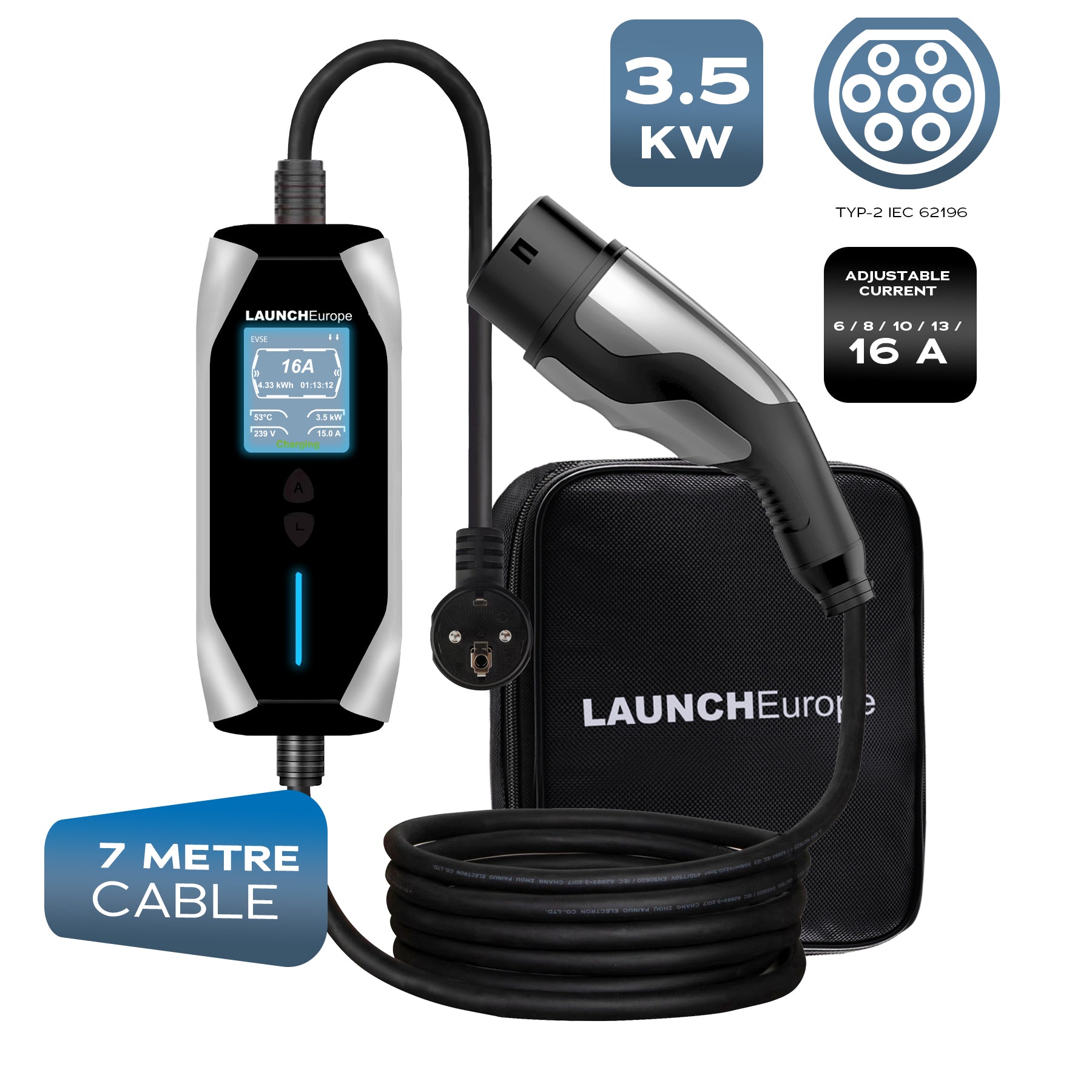 LAUNCH Portable Type 2 EV Charging Cable 3.5kW (7m)